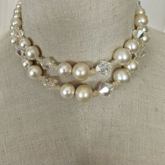 Faux Pearl  Crystal double strand vintage necklace - Picture 1 of 7